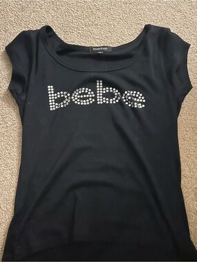 bebe Black Short Sleeve Top with Rhinestone Logo